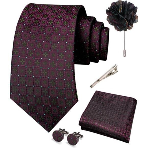Mens Tie and Pocket Square,Lapel Pin,Cufflinks,Tie Clip Burgundy - Picture 3 of 4